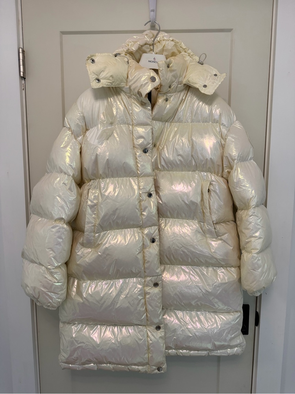 Moncler woman’s Iridescent Cream Puffer Coat with dust bag